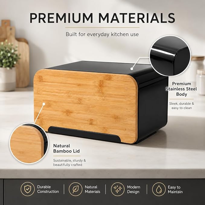 Bread Box, Black Metal Bread Storage Container with Bamboo Lid Usable as Cutting Board, Large Breadbox Holder for Kitchen Countertop, Bread Keeper for Loaves, Bagels, Pastries and Rolls - Image 4
