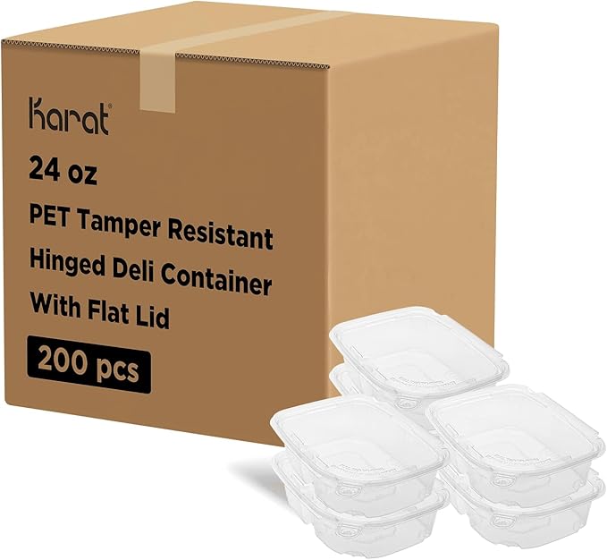 Karat 24oz PET Tamper Resistant Hinged Deli Container [200 ct] - Plastic Clamshell Food Containers, Easy Open Pull-Tab for Restaurants & Takeout by Karat