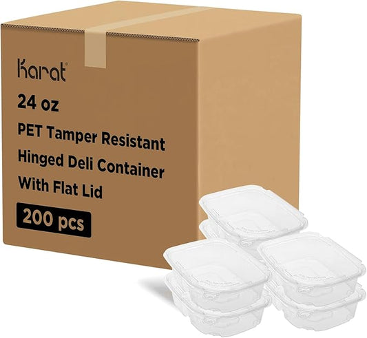 Karat 24oz PET Tamper Resistant Hinged Deli Container [200 ct] - Plastic Clamshell Food Containers, Easy Open Pull-Tab for Restaurants & Takeout by Karat