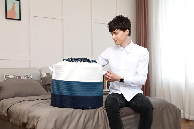 20x15 Inch Extra Large Round Cotton Rope Storage Basket with Lid, Decorative Woven Bin with Cover for Living Room Bedroom Closet, Blue & Deep Blue - Image 2