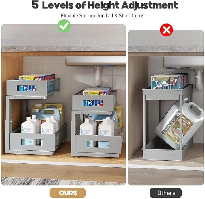 Under Sink Organizer,2-Tier Dual Pull Out Cabinet Organizer Drawers With Smooth Circular Rail,Large Capacity Metal Mesh Sliding Shelves For Bathroom& Kitchen Storage,Height Adjustable–Gun Gray,2 Packs - Image 7
