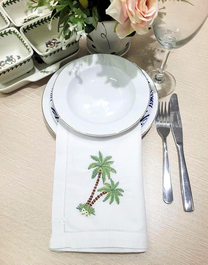 Embroidered Cloth Napkin Palm Tree Cotton Napkins Set of 6, 20 x 20 Hemstitch Table Napkins, Machine Washable, for Daily & Holiday Dining, Great Gift Ideas - Image 6