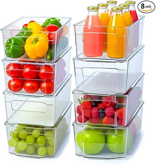 Utopia Home Plastic Stackable Storage Bins for Fridge, 8 Pack, Clear | Durable Plastic Storage Containers with Easy Grip Handles for Pantry, Kitchen Cabinets & Countertops by UTOPIAHOME