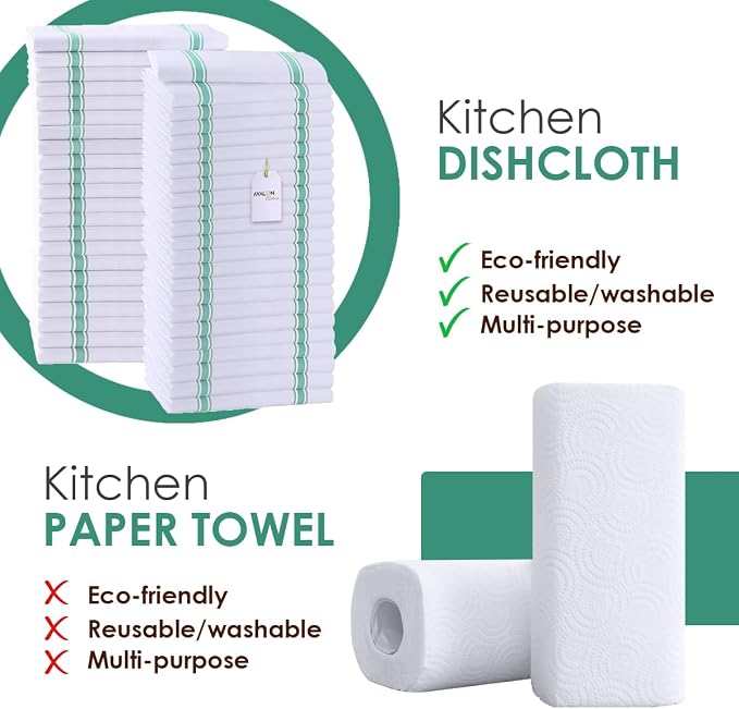 Dish Towels 45 Pack Green Stripe 100% Cotton Kitchen Towel 15x25 Inch Tea Towels, Bulk Dish Cloths for Washing Dishes, Kitchen Rags for Drying Dishes - Image 2