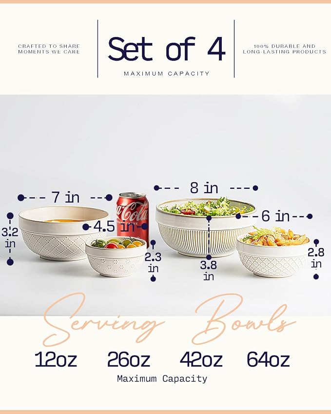 getstar Large Serving Bowls Set of 4, 12/26/42/64 oz Ceramic Stoneware Nesting Bowls Set, Microwave and Dishwasher Safe, Farmhouse Kitchen Versatile Prep Bowls for Fruit Salad Pasta Dessert Cereal - Image 3