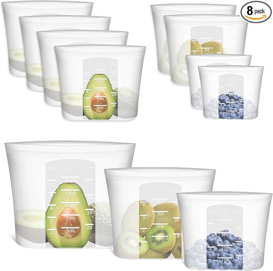 Reusable Storage Bag, 8 Pack 100% Silicone Food Storage Bags Stand Up Silicone Zip Lock Bags for Food Container, Freezer Microwave Oven Dishwasher Safe, 4 Medium 2 Small 2 Extra Small, Translucent by Annaklin