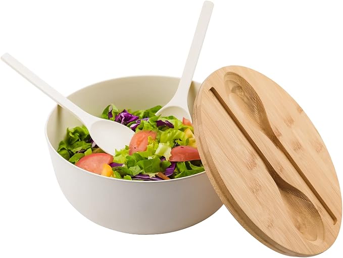 LOVYANXUE Bamboo Fiber Salad Bowl with Servers Set Large 9.8inches Nature Bamboo Mixing Bowl with Servers with Lid Spoon and Fork for Fruits,Salads and Vegetables - Image 3