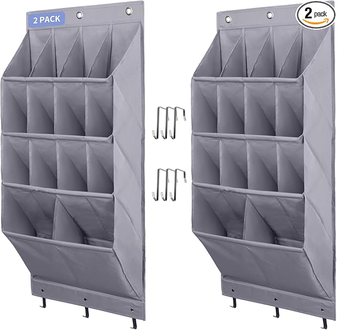 FENTEC 2 Pack Over the Door Shoe Organizer, Hanging Shoe Organizer Rack,24 Large Pockets and 4 Larger Storage Various Compartments with 6 Hooks, Home Accessories, Grey by Fentec
