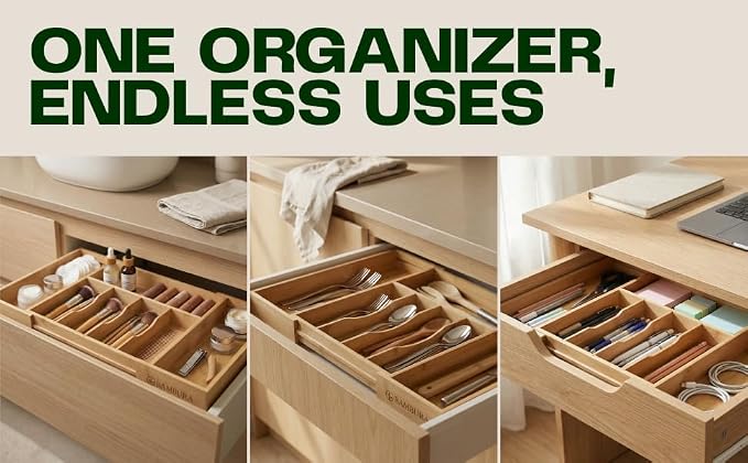 Expandable Bamboo Silverware Drawer Organizer, Utensil Holder Tray | 6 Compartments, 3 Movable Dividers, Fits 11.9-20.8 in Wide, Non-Slip Base, Cutlery & Flatware Caddy for Kitchen, Bath, Office - Image 6