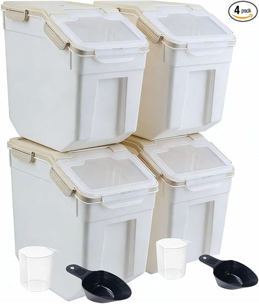 Saim 4 Pack 25lb Flour & Rice Storage Container Bin,Rice Dispenser (Grey) | BPA free plastic with seal lid, rolling wheels and measuring scoop for rice, flour, cereal and grain one-hand scooping by Saim