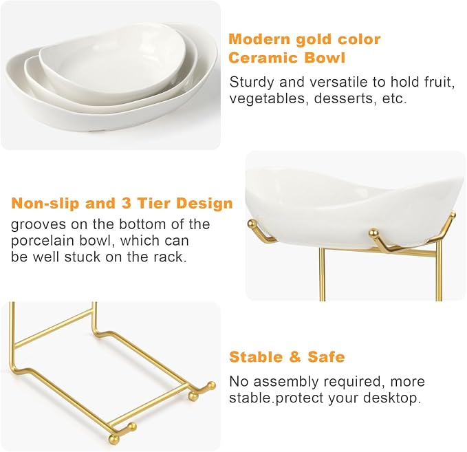Fruit Bowl for Kitchen Counter Large, 3 Tier Fruit Basket for Counter, Ceramic Holder, Tiered Stand with Metal Stand, Detachable Rack for Fruit Vegetable Snack Dessert Storage (White) - Image 3