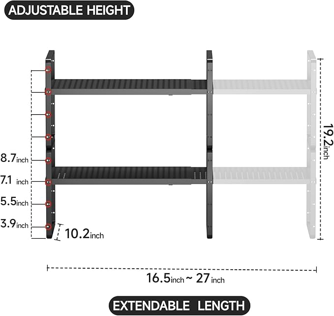 2Pcs Expandable Cabinet Countertop Shelves, 16.5''-27''L, Black | Adjustable Metal Spice Rack Organizer, Stackable, Kitchen Counter Storage, Cabinet Organization, 10.2" W x 9.6" H - Image 2