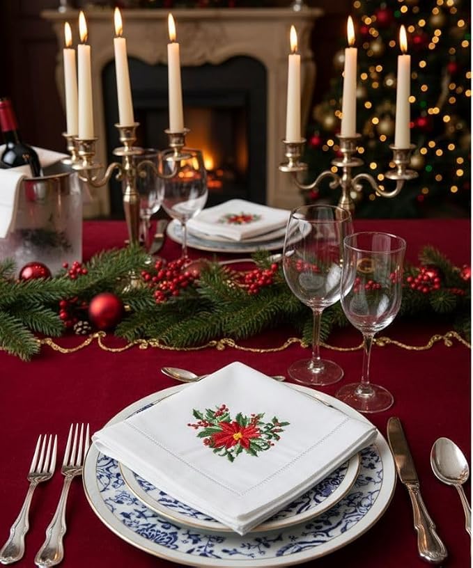 Embroidered Cloth Napkin Red Poinsettia and Berry Christmas Cotton Napkins Set of 6, 20 x 20 Hemstitch Table Napkins Machine Washable, Daily & Holidays, Great Gift Ideas - Image 5