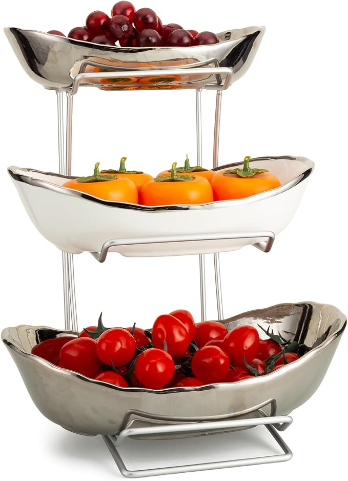 3 Tier Ceramic Fruit Bowls for Kitchen Counter with Metal Rack, Fruit Basket with Stand, Porcelain Bowls for Fruit Vegetable Bread Candy Snack Nuts (Silver and White Bowl-Silver Rack 3 Layer) by jessie