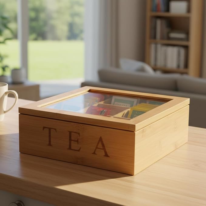 Tea Box Organizer,Bamboo Tea Box Organizer Storage Box,Wooden Teas Bag Storage with 9 Compartments and Clear Glass Cover for Home Office Gift - Image 8