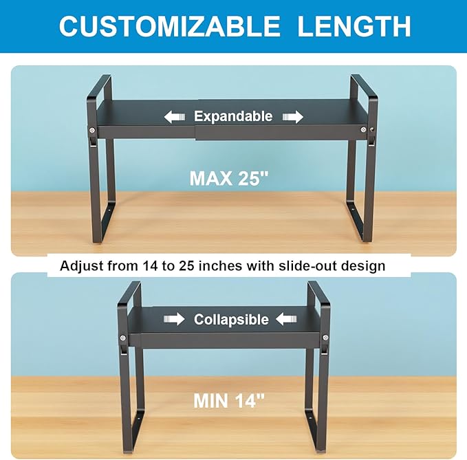 11" Deep Expandable Cabinet Shelf Organizer Riser, 2-Pack Black﻿ | Adjustable 14-25", heavy duty metal pantry storage rack for kitchen cupboard, under sink & countertop, 10" high space saver - Image 3