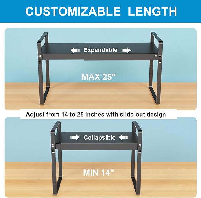 11" Deep Expandable Cabinet Shelf Organizer Riser, 1-Pack Black﻿ | Adjustable 14-25", heavy duty metal pantry storage rack for kitchen cupboard, under sink & countertop, 10" high space saver - Image 3