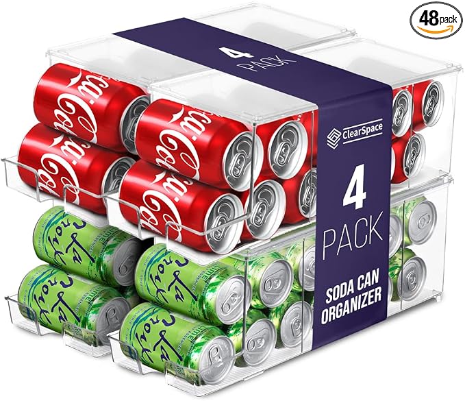 ClearSpace Soda Can Organizer & Soda Can Dispenser for Refrigerator - Fridge Organizer & Stackable Drink Organizer for Fridge, Can Organizer for Refrigerator - Holds 12 Cans Each, BPA Free - 4 Pack by ClearSpace