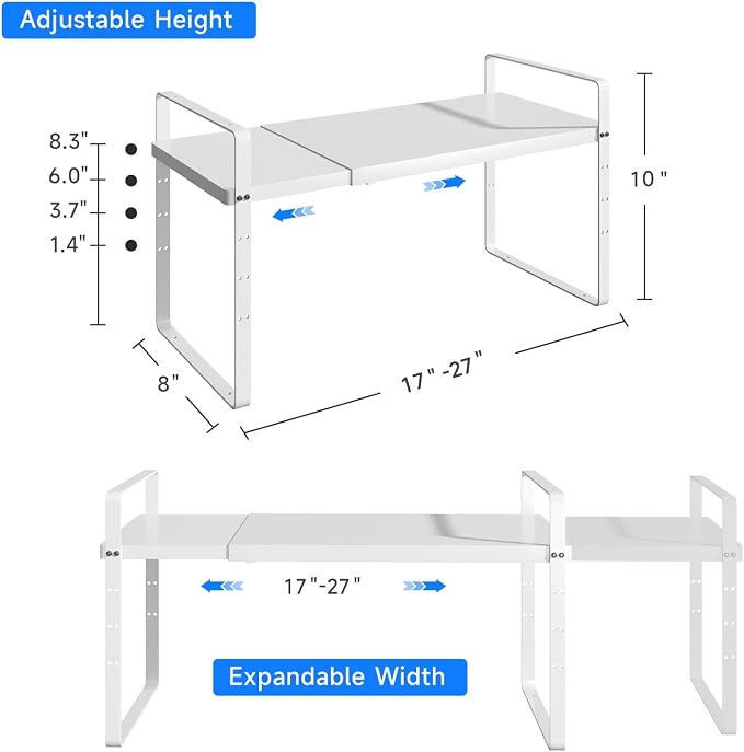 Expandable Cabinet Shelf Organizer, Stackable Kitchen Pantry Counter Storage, Adjustable Closet Cupboard Stand Rack Risers Spice Organization 80LBS Heavy Duty White Small 1 Pack - Image 2
