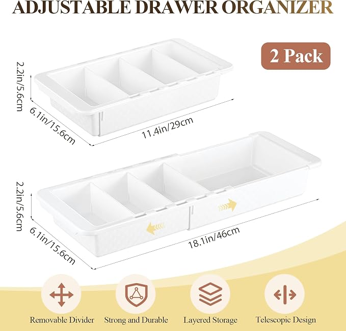2 Pcs Expandable Drawer Organizer Bins Adjustable Deep Drawer Hanging Organizer Tray Expandable 11.4 to 18.1 Inches Plastic Dividers Storage for Office Bathroom Bedroom Kitchen Desk, White - Image 3