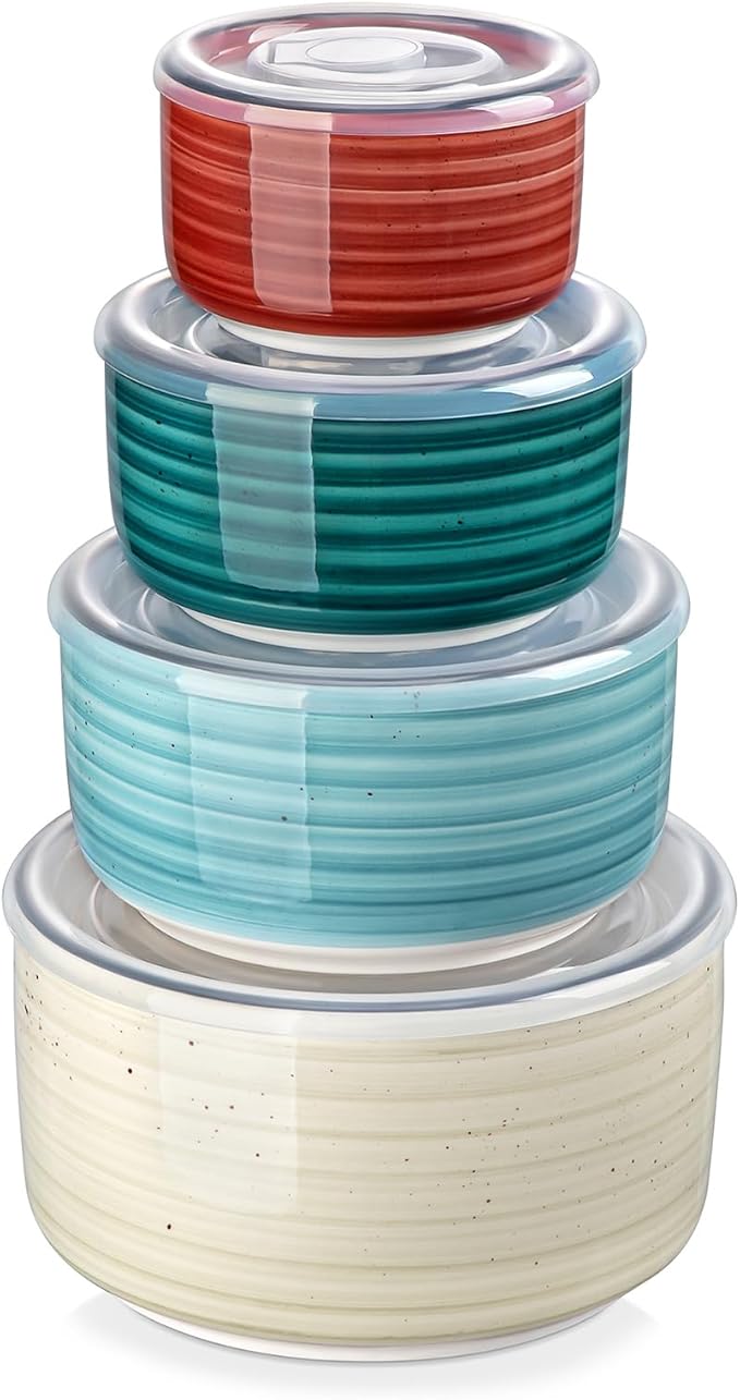 vancasso Ceramic Serving Bowls With Lids Set of 4, Airtight Nesting Bowls for Food Storage, Meal Prep, Leftovers, Microwave and Dishwasher Safe, 60/36/20/10 oz by vancasso