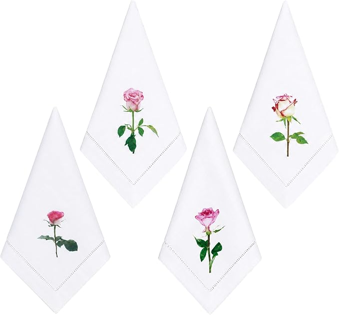 Cloth Tea Napkins Set of 4, Floral Print Cloth Napkins, Minimal Reusable Cotton Table Napkins for Dinner, Weddings, Parties, Coffee and Cocktail Settings, 20x20 Inches (Rose) by EmbroideryLinenVN