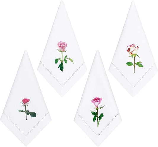 Cloth Tea Napkins Set of 4, Floral Print Cloth Napkins, Minimal Reusable Cotton Table Napkins for Dinner, Weddings, Parties, Coffee and Cocktail Settings, 20x20 Inches (Rose) by EmbroideryLinenVN