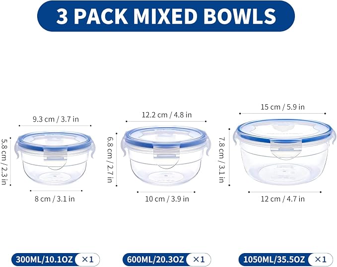 KIGI Food Storage Container, Round, Set of 3 (1.25-4.3 Cup) | Leak-Proof Plastic Bowls with 4-Sided Locking Airtight Lids for Lunch, Meal Prep, Fruit and Salad, BPA free - Image 4