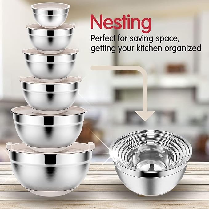 Rottay 20PCS Stainless Steel Mixing Bowls with Airtight Lids Set | Includes 3 Grater Attachments and Non-Slip Bottoms with Size 7, 4, 3, 2, 1.5, 1QT Nesting Bowls for Baking, Meal Prep - Image 5