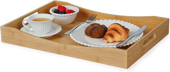 Gobam Bamboo Serving Tray with Handles, 19.7 x 13.8 inch Rectangular Decorative Tray for Entryway, Kitchen, Dining & Living Room, Large Wooden Breakfast Trays for Bed, Coffee Table & Ottoman by GOBAM