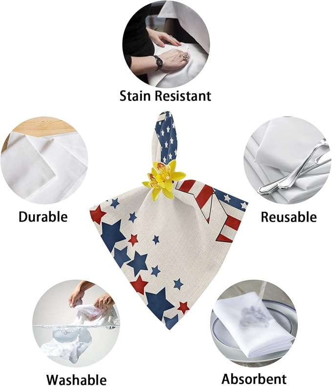 Patriotic Memorial Flag Cloth Napkins Set of 8 - Washable Dinner Napkins Reusable Table Napkins for Home Party Weeding Dining Table Setting Decoration, American Independence Day Oversized 20"x20" - Image 6