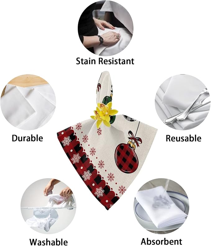 Christmas Cloth Napkins Set of 8, Plaid Xmas Balls Snowflake Red Lace Burlap Dinner Napkins Cloth Washable, Cocktail Napkins Reusable for Wedding, Party, Birthday (20"x20") - Image 6