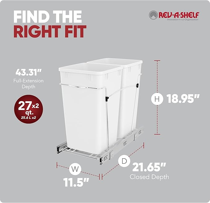Rev-A-Shelf Double 27 Qt Pullout Trash Can for Base Kitchen Cabinets, Garbage Waste Bin System with Full Extension Slides, Min Opening Width of 11.5", White, RV-15KD-11C S - Image 3