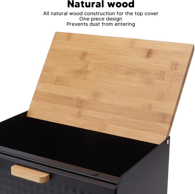 Black Bread Box for Kitchen Countertop, Metal Bread Box for Homemade Bread, Vintage Heavy Duty Large Capacity Bread Storage Container Bin Wood Farmhouse Breadbox Organizer for Kitchen Lovers (Black) - Image 3