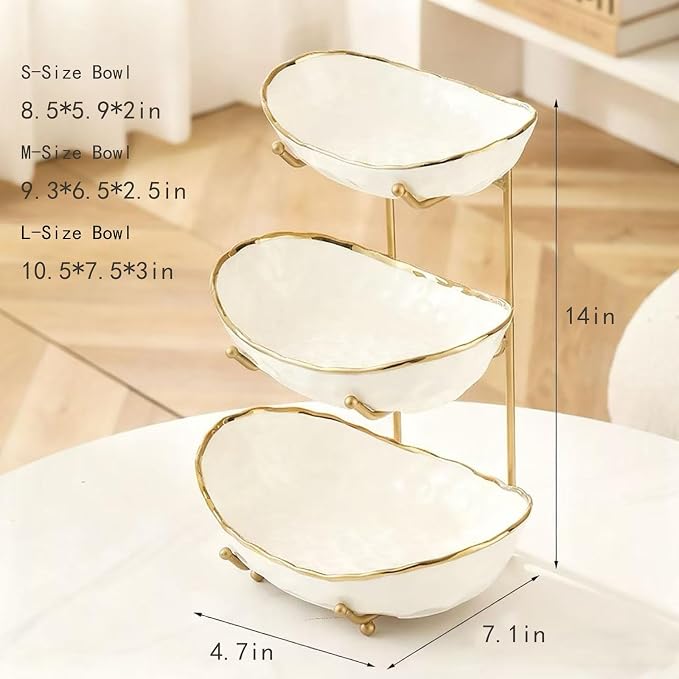 3-Tier Fruit Bowls for Kitchen Counter,White Ceramic Bowl with Gold Metal Stand,3 Tier Fruit Basket for Fruit,Snack,Cake,Nuts,Dessert Storage - Image 2