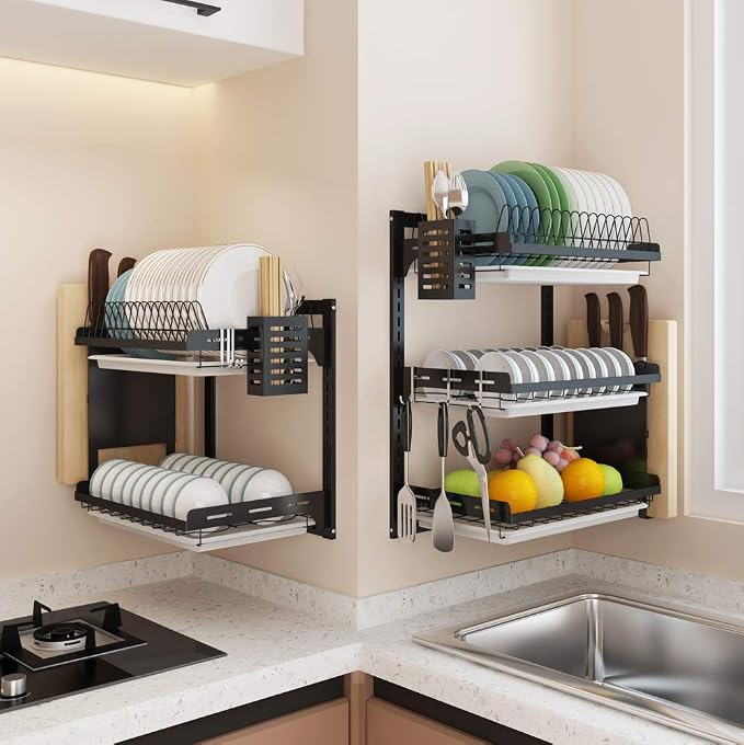 3 Tier Black Stainless Steel Dish Drying Rack Fruit Vegetable Storage Basket with Drainboard and Hanging Chopsticks Cage Knife Holder Wall Mounted Kitchen Supplies Shelf Utensils Organizer - Image 2