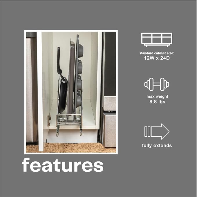 Household Essentials Glidez Multipurpose Chrome-Plated Steel Pull-Out/Slide-Out Storage Organizer for Cookware and Bakeware - Fits Standard Size Cabinet or Shelf, Chrome - Image 4