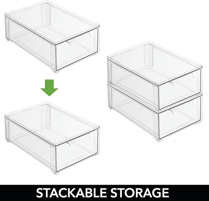 mDesign Plastic Stackable Closet Storage Organizer Bin Containers with Front Pull Drawer for Cabinet, Desk, Shelf, Cupboard, or Dresser Organization - Lumiere Collection - Set of 3 - Clear - Image 5
