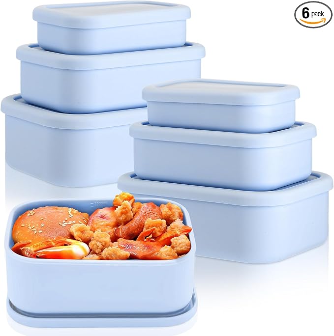 2 Sets of 6 Silicone Food Storage Containers, Reusable Lunch Bento Box with Lid, Hard Shell Storage Containers, Microwave Dishwasher Freezer Safe, 10 oz, 23.6 oz, 44 Ounce(Purple Blue) by Blushtier