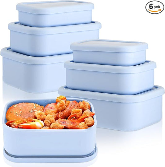 2 Sets of 6 Silicone Food Storage Containers, Reusable Lunch Bento Box with Lid, Hard Shell Storage Containers, Microwave Dishwasher Freezer Safe, 10 oz, 23.6 oz, 44 Ounce(Purple Blue) by Blushtier