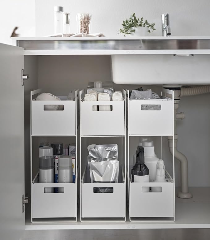 YAMAZAKI Home 2-Tier Storage Basket, Under-Sink Storage, ABS Plastic, White | Two-tier sliding baskets organizer rack designed for pantry or under-sink storage. Sturdy organization. - Image 7