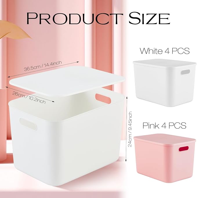 8 Pieces Colorful Storage Bins with Lid, Plastic Storage Basket Organizing Container Stackable Box with Handle for Shelves Desktop Playroom Office(14.2 x 10.2 x 9.5 Inch,White and Pink) - Image 2