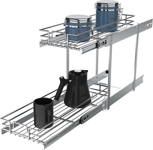 2 Tier Pull Out Cabinet Organizer, 9" W x 21" D Heavy-Duty Metal Sliding Drawer Shelf for Kitchen Cabinets, Chrome, Doesn't Include Door Fittings by Pulloutor