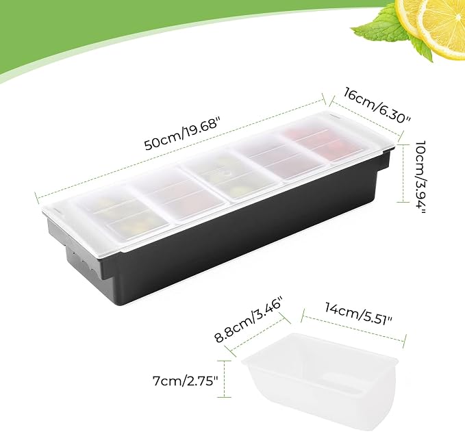 Ice Cooled Condiment Caddy Set of 2 with Lid, 5 Compartments | Ice chamber, keeps fruit & toppings chilled, 5 separate sections, removable trays, no-leak base, for bars, buffets, parties - Image 2