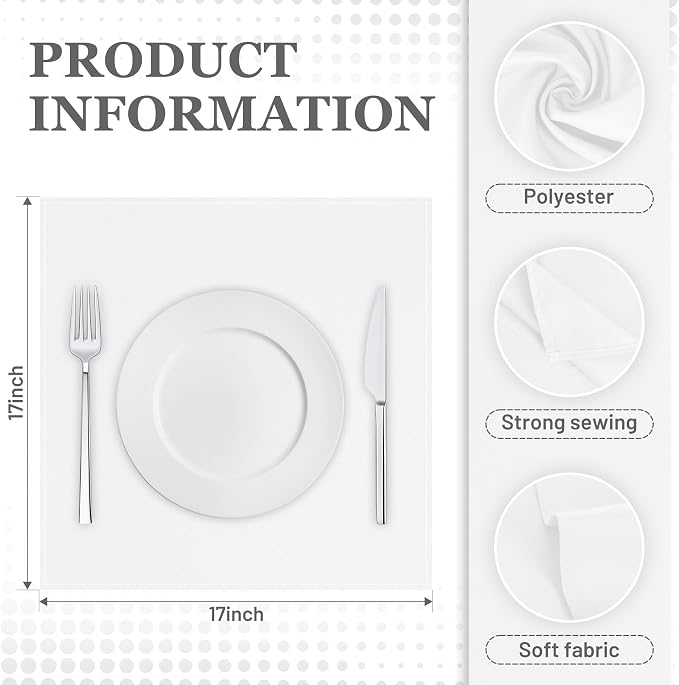 SuperO Set of 80 Cloth Napkins 17 x 17 Inch, Polyester Solid Washable Dinner Napkins with Hemmed Edges,Great for Restaurant, Wedding and Party(White) - Image 3