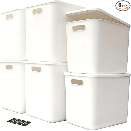 6 Piece Plastic Storage Baskets Boxes with Lids,14.4×10.2×11.8 Inch Stackable Organizing Bins with Handles,White Versatile Containers for Pantry,Bathroom,Closet Shelves Desktop (White, 4XXL+2XL) by Amyup
