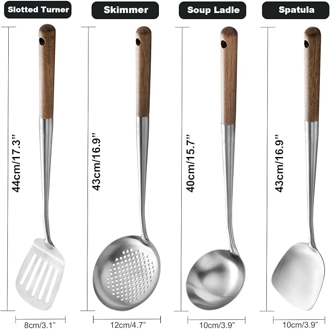 Wok Utensils for Carbon Steel, Stainless Steel Wok Spatula 17 Inch | Extra long wooden handle-Anti-scald;Wok Tools Professional Set;Great for home use and commercial use; - Image 6
