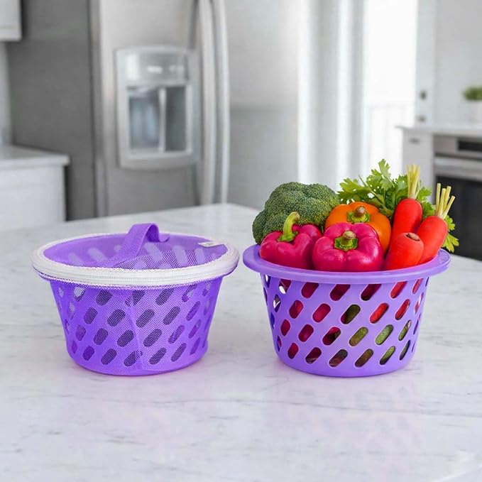 Go Hooked Plastic Storage Net Basket with Zip Closure – Multipurpose Mesh Organizer for Fruits, Vegetables, Essentials – Durable, Lightweight & Breathable Design for Home & Pantry Use (Purple) by Go+Hooked