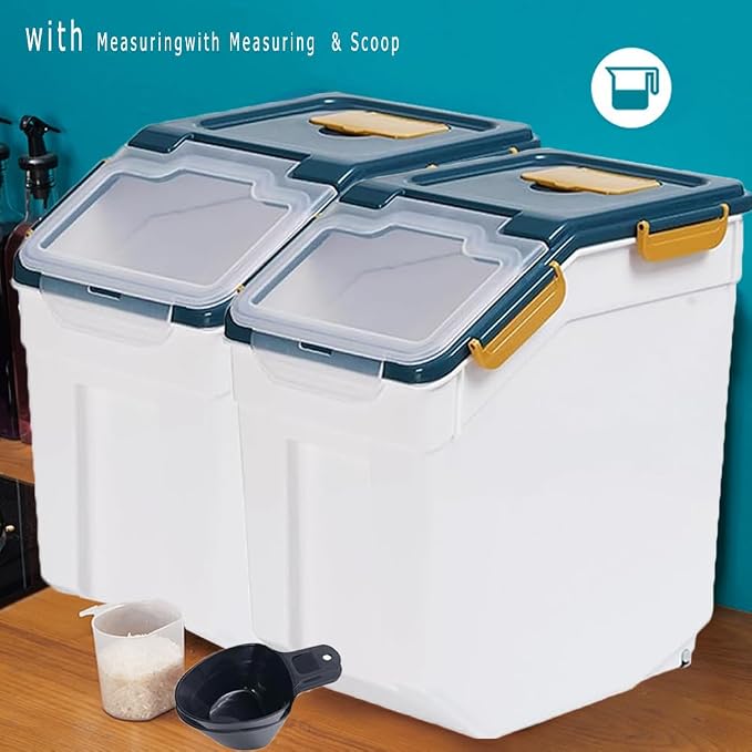 Large Flour Storage Container Bin 25lb, 2Pack Airtight Rice Storage Containers with Measuring Cup&Scoop, BPA Free with Wheels Seal Locking Lid for Flour, Rice, Grain (50LBS Total, Blue) - Image 3