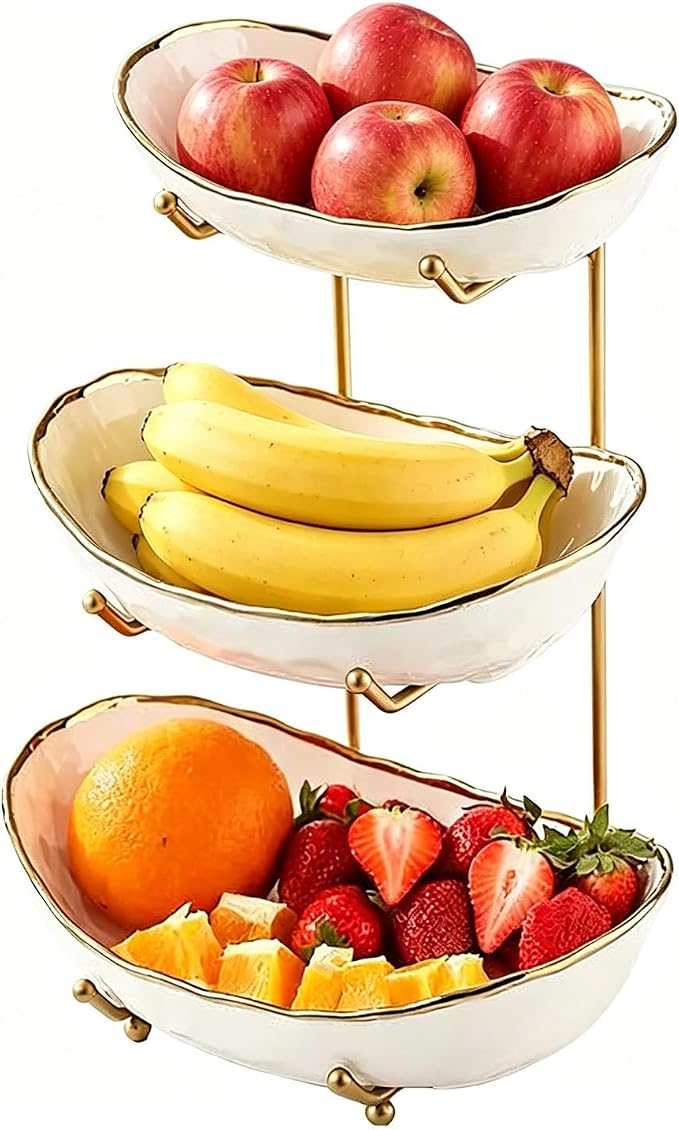 3-Tier Fruit Bowls for Kitchen Counter,White Ceramic Bowl with Gold Metal Stand,3 Tier Fruit Basket for Fruit,Snack,Cake,Nuts,Dessert Storage by Afeyibu